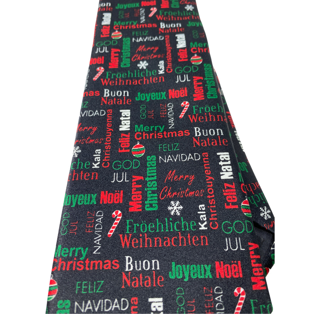 Tie Tales Christmas Holiday Red & Green Font On Black Background Mens Tie